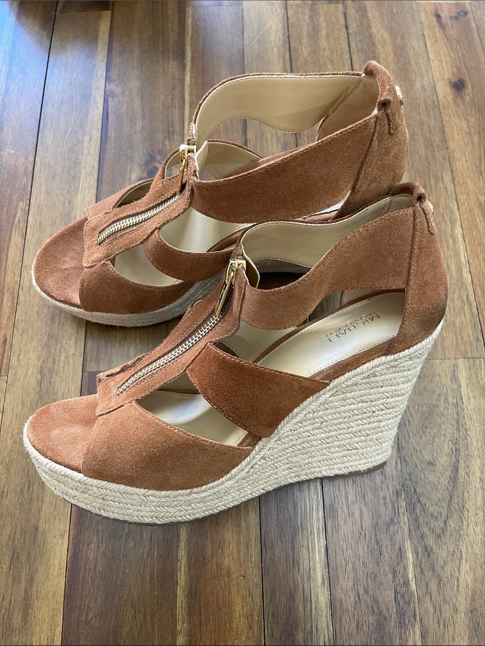 Michael Kors Damita Brown suede espadrille Wedge Sandals with Front Zipper